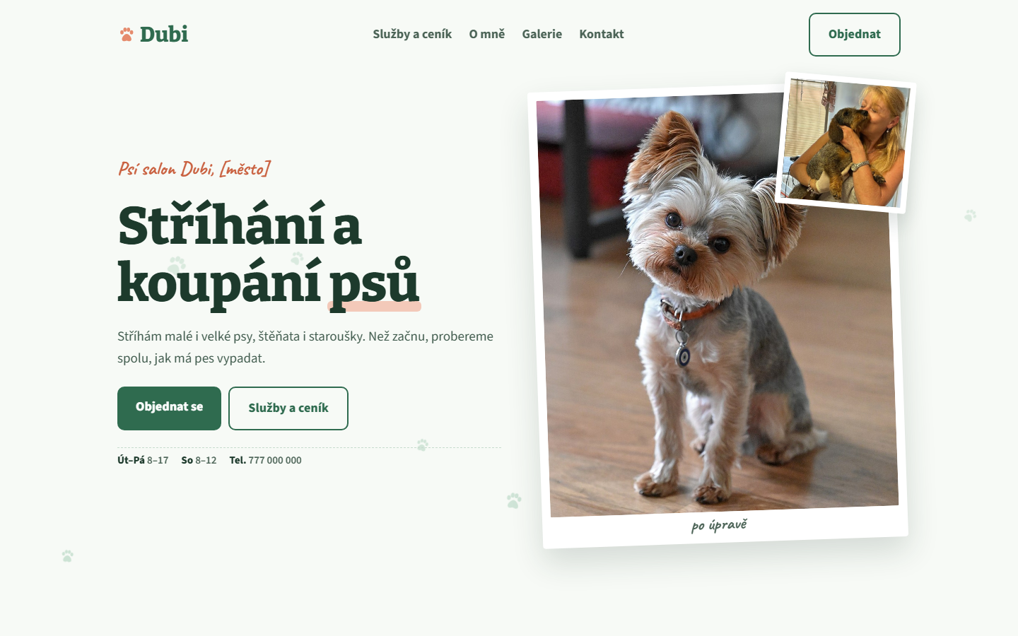 Úvodní stránka webu Psí salon Dubi